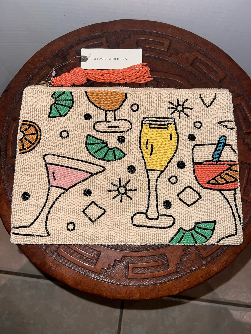Anthropologie Beaded Cocktail Clutch with Coral Tassel